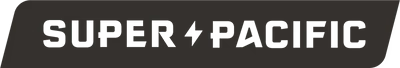 A black and white logo for super pacific with a lightning bolt.