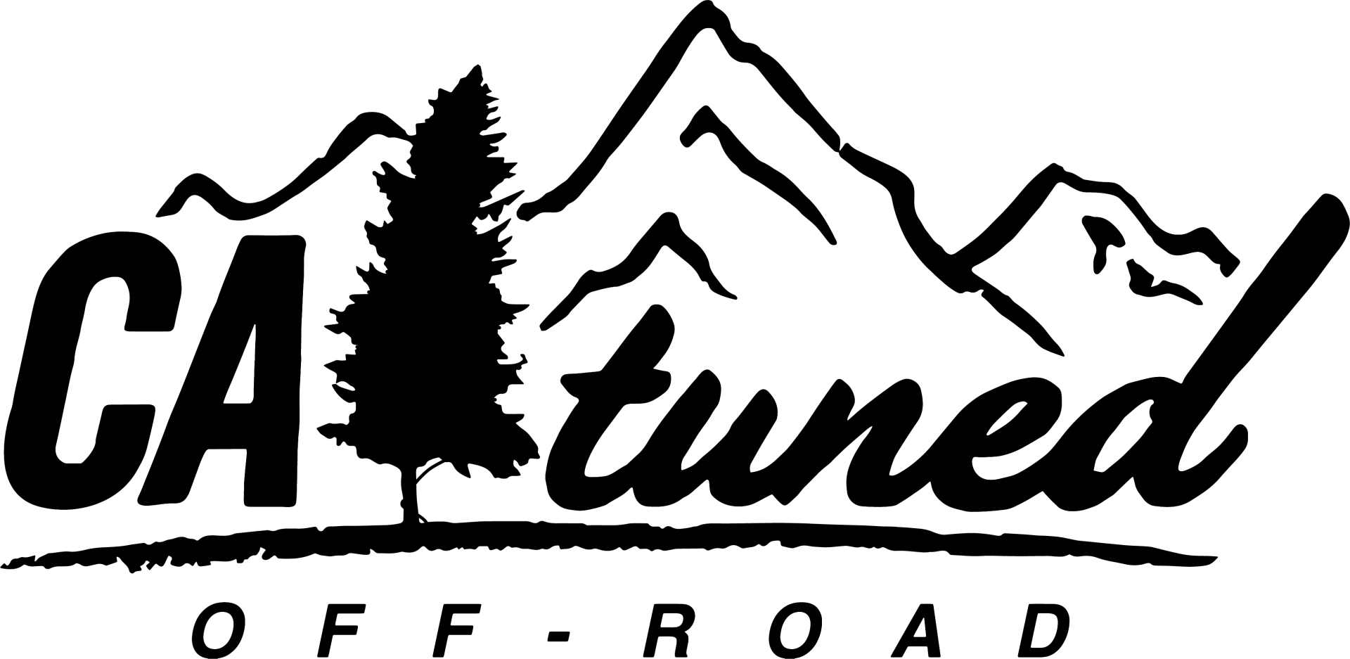 a black and white logo for ca tuned off road with mountains and trees .