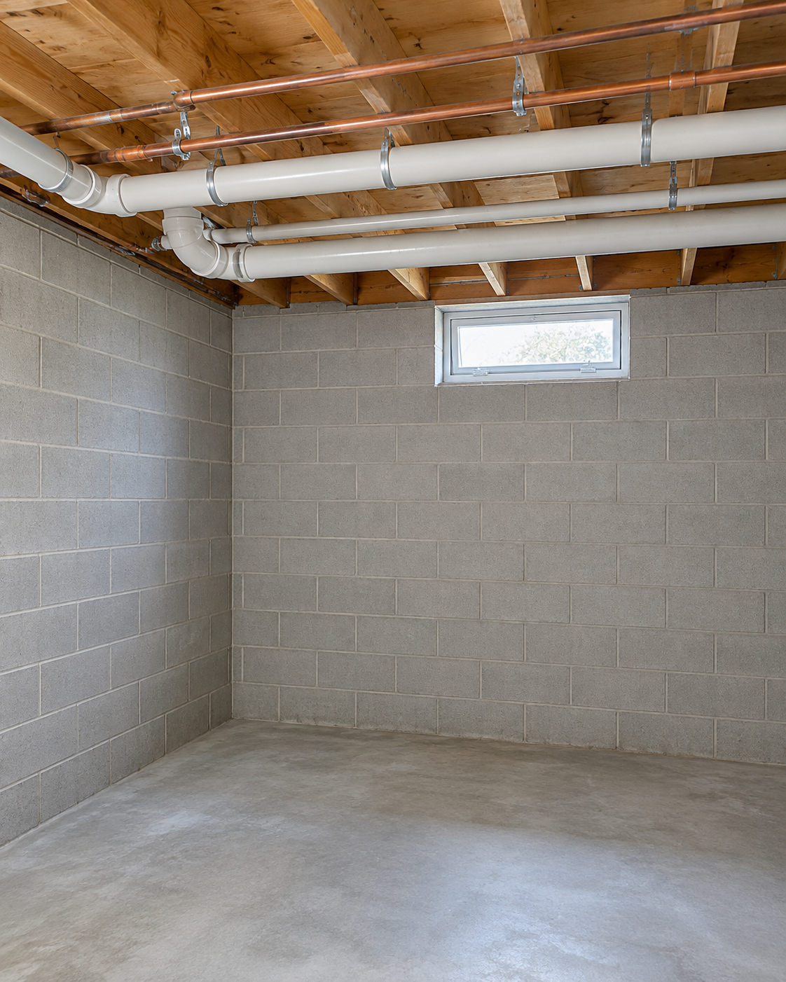 Restored residential basement wall and utility space illuminated by natural sunlight.