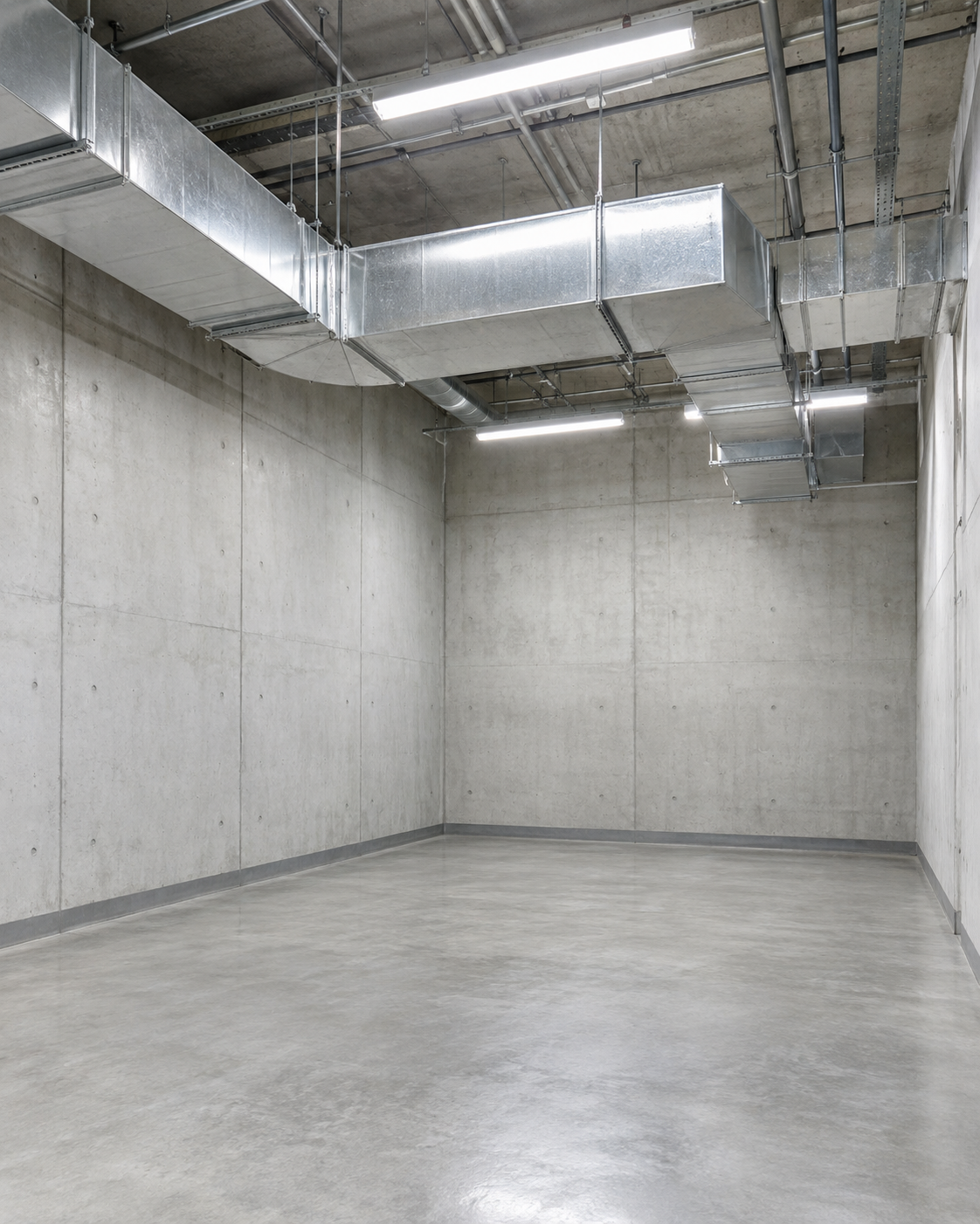 Bright, modern utility room with clean concrete walls and clean overhead metal ductwork.
