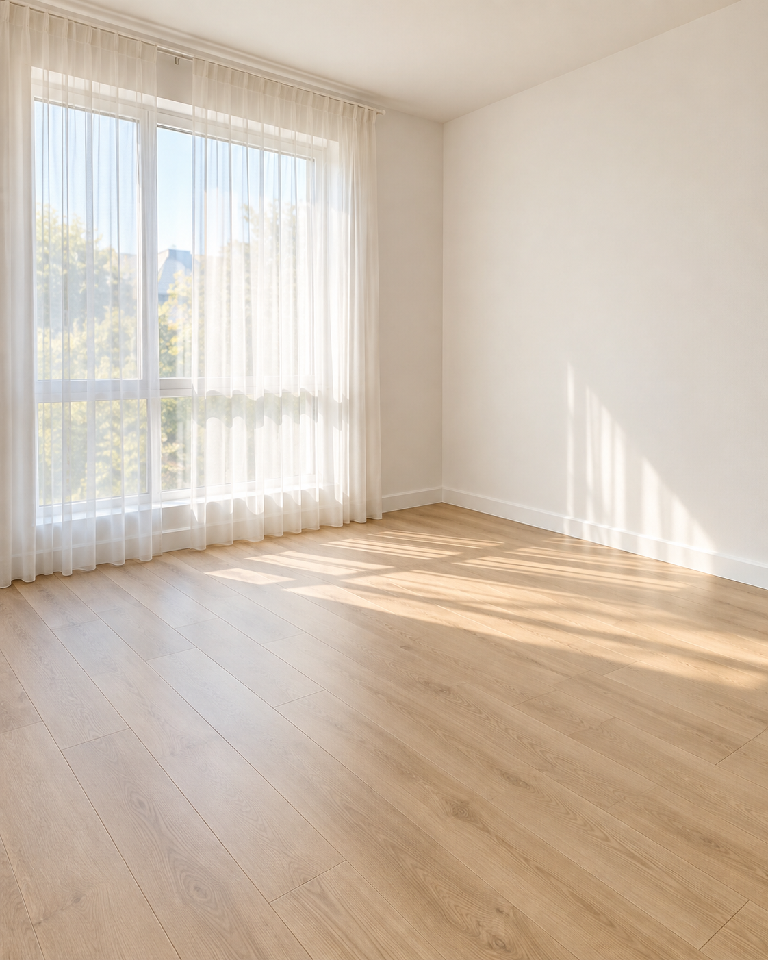 Freshly restored and sanitized empty residential bedroom with light laminate flooring.