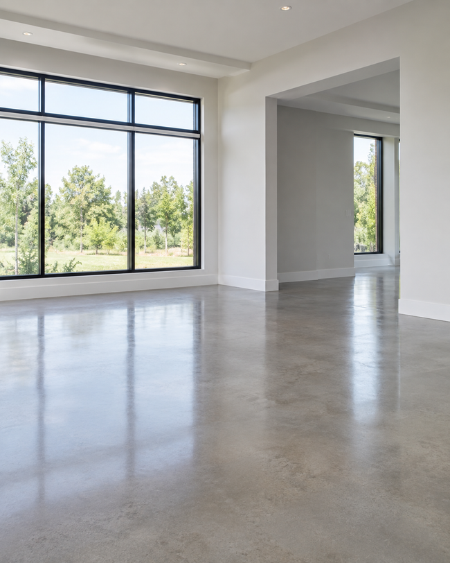 Empty modern room with polished concrete floors and large windows overlooking trees