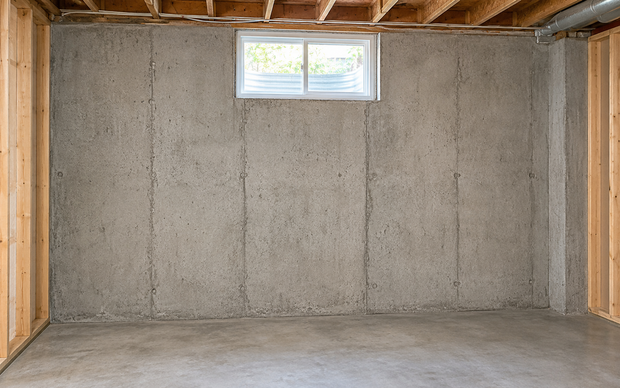 Bare unfinished basement room with concrete walls and a small window near the ceiling