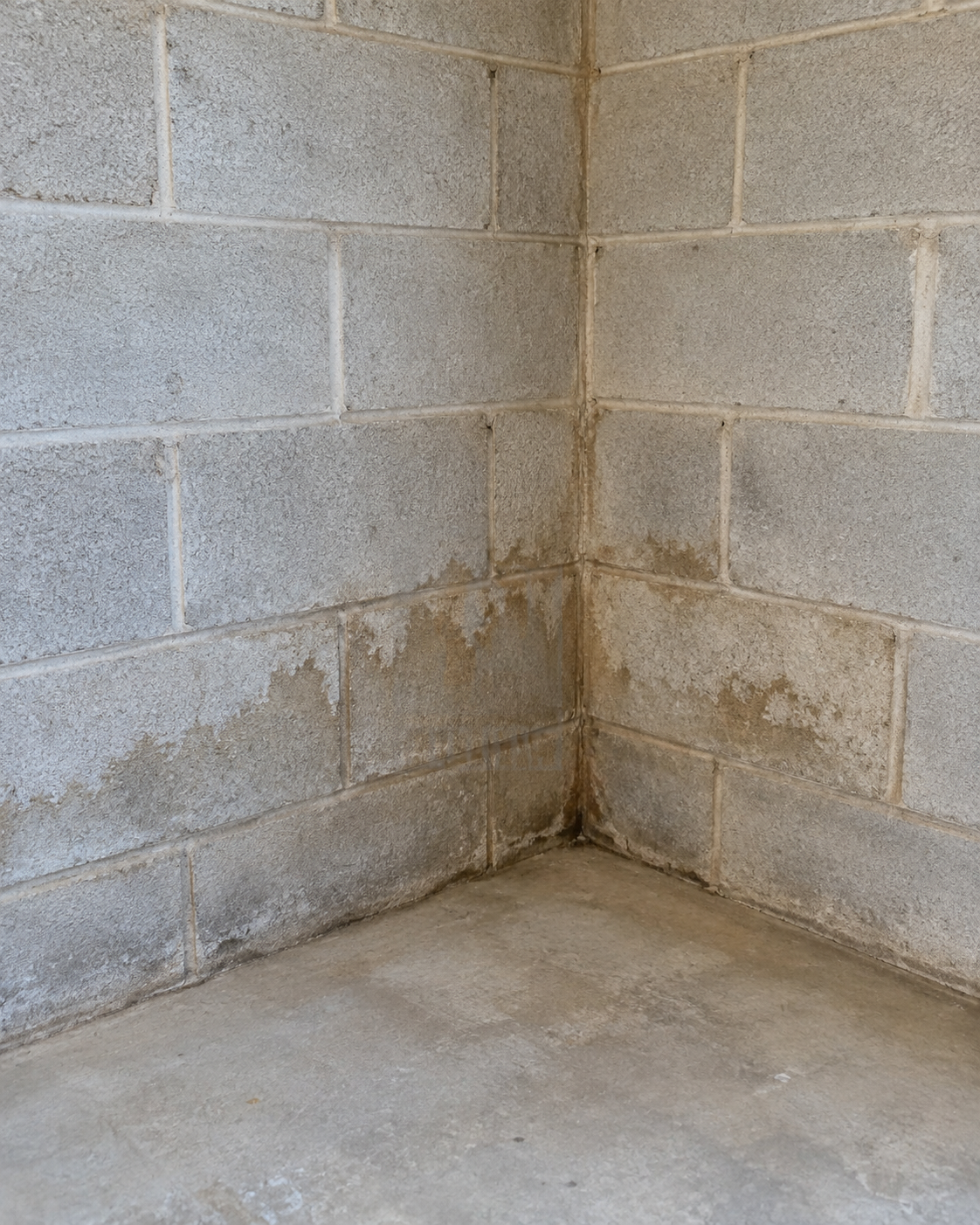 Close-up detail of moisture staining on a basement masonry wall.