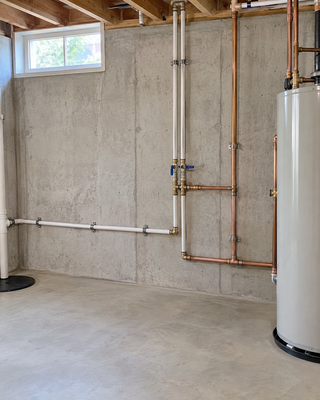 Restored utility basement zone showing clean dry wall surfaces and structural framing.