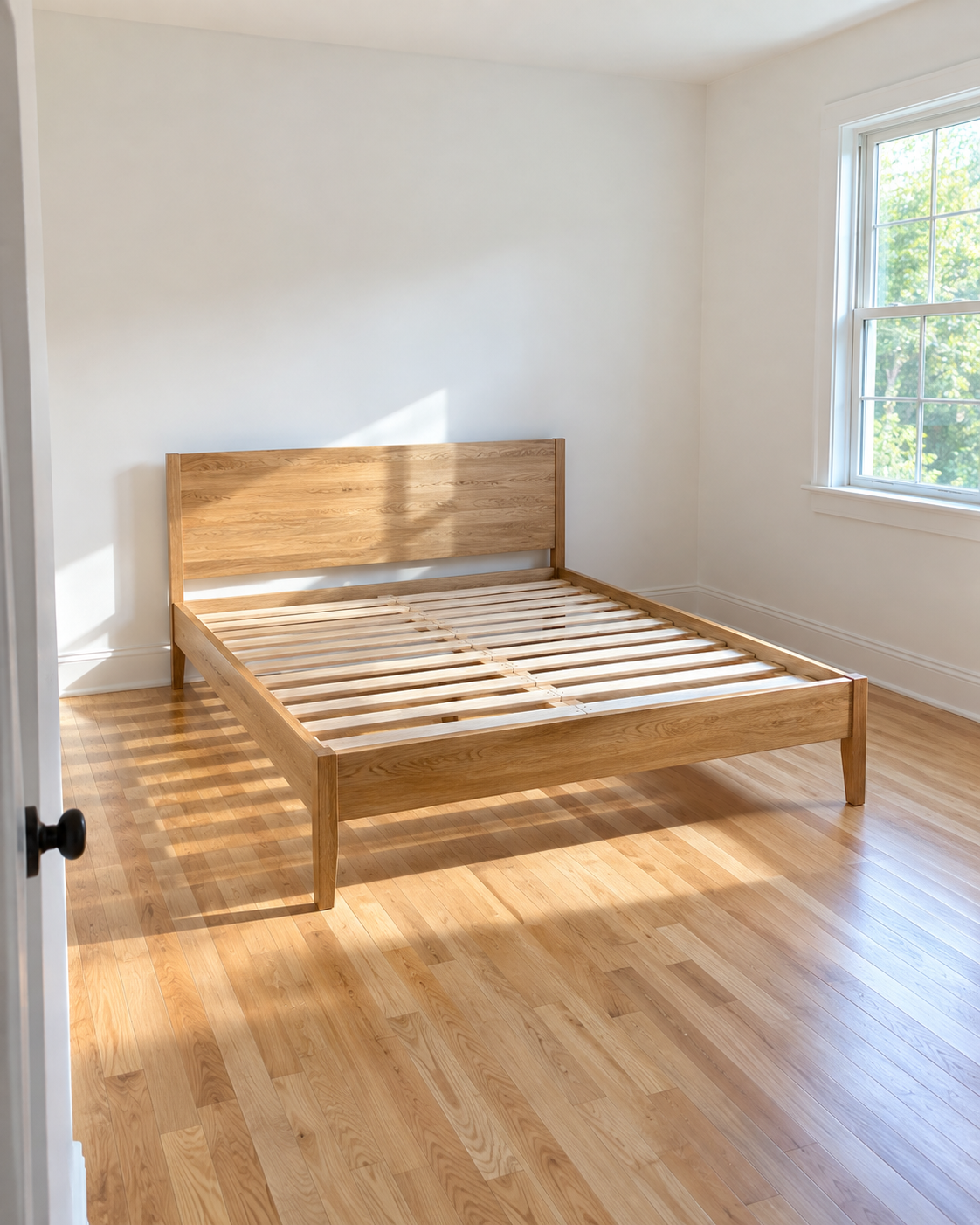 Clean, sanitized bedroom interior with a plain wooden bed frame and hardwood flooring.