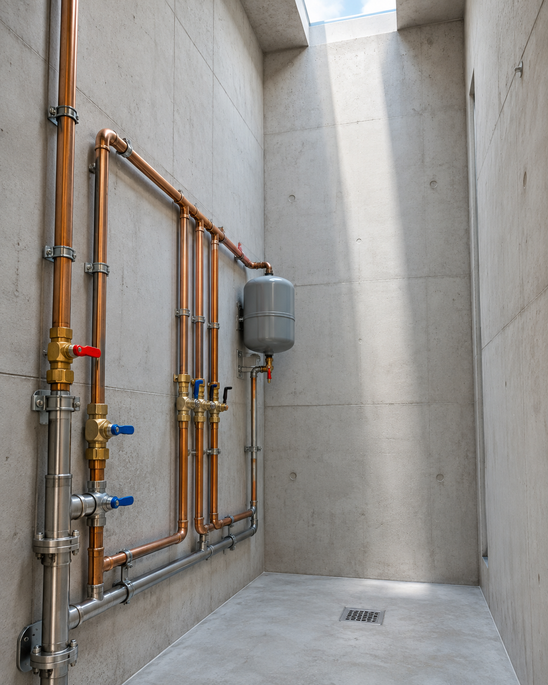Clean interior utility room with dry concrete walls and neatly installed plumbing.