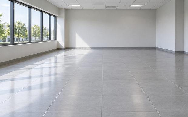 Empty bright office room with large windows and light gray tiled floor