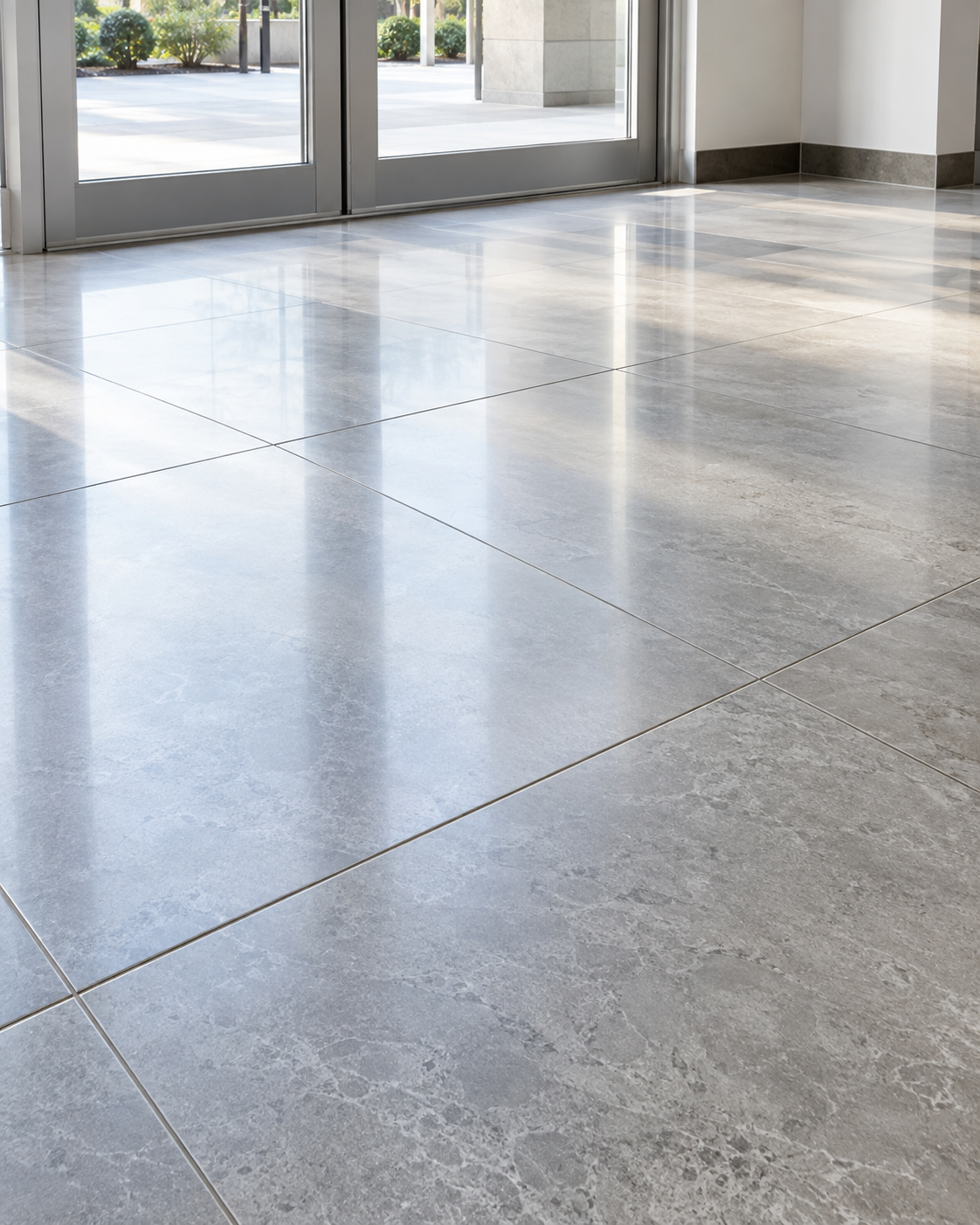 Spotless commercial floor tile surface in a well-lit facility entryway.
