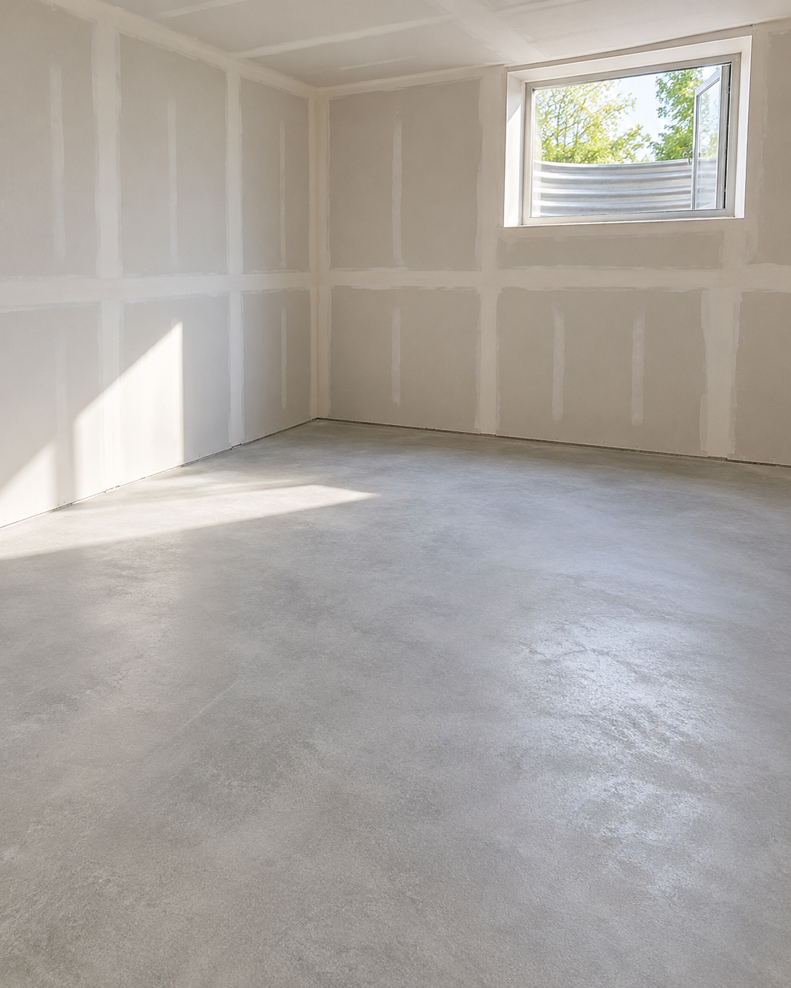 Freshly ground, clean concrete basement floor prepped for finishing.