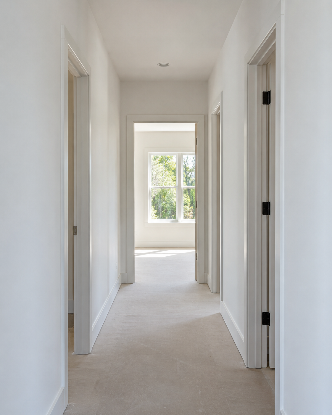 Freshly primed white hallway interior with smooth base coat walls.