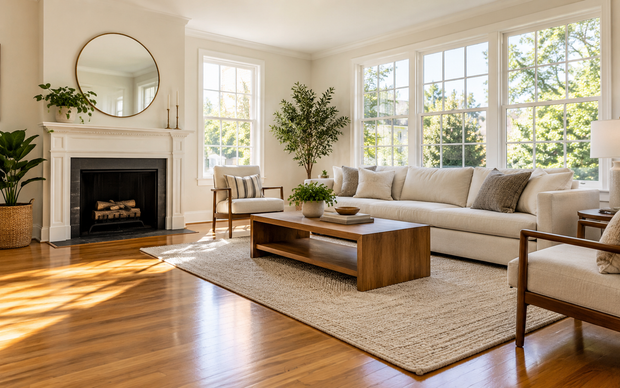 Bright living room with fireplace, large windows, neutral sofa, wooden coffee table, and sunlight on hardwood floors