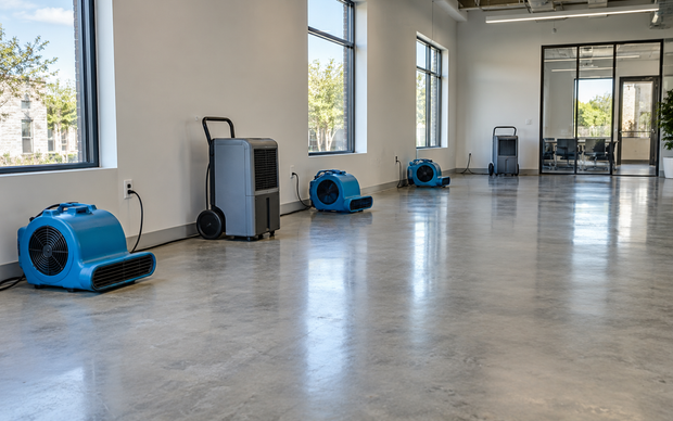 Blue floor scrubbers in a bright empty room with polished concrete floors