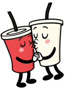 Two smiling cartoon cups holding hands, one red and one white, with straws and closed eyes.