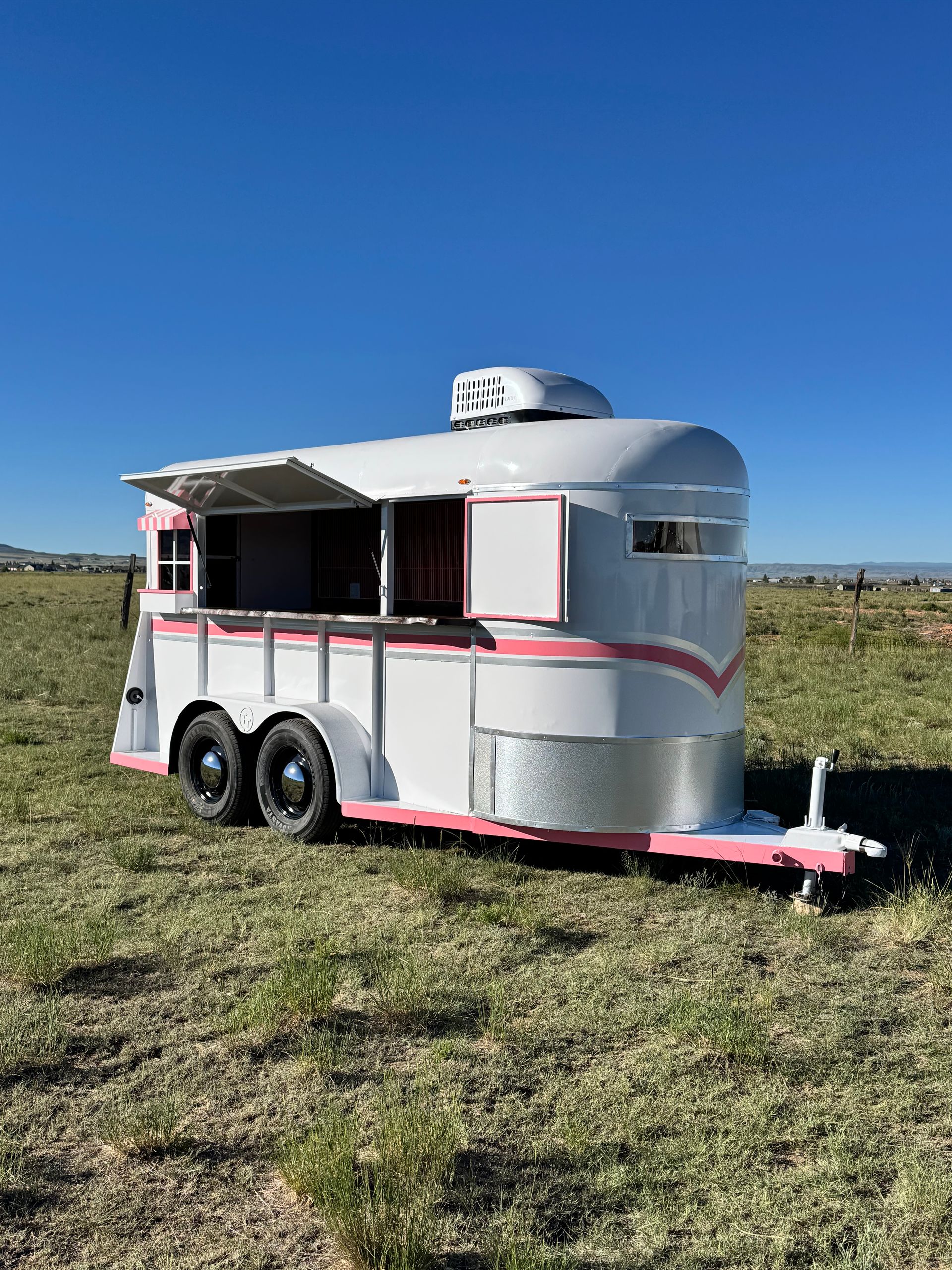 Silver two-axle trailer with pink trim parked in a field under a clear blue sky.