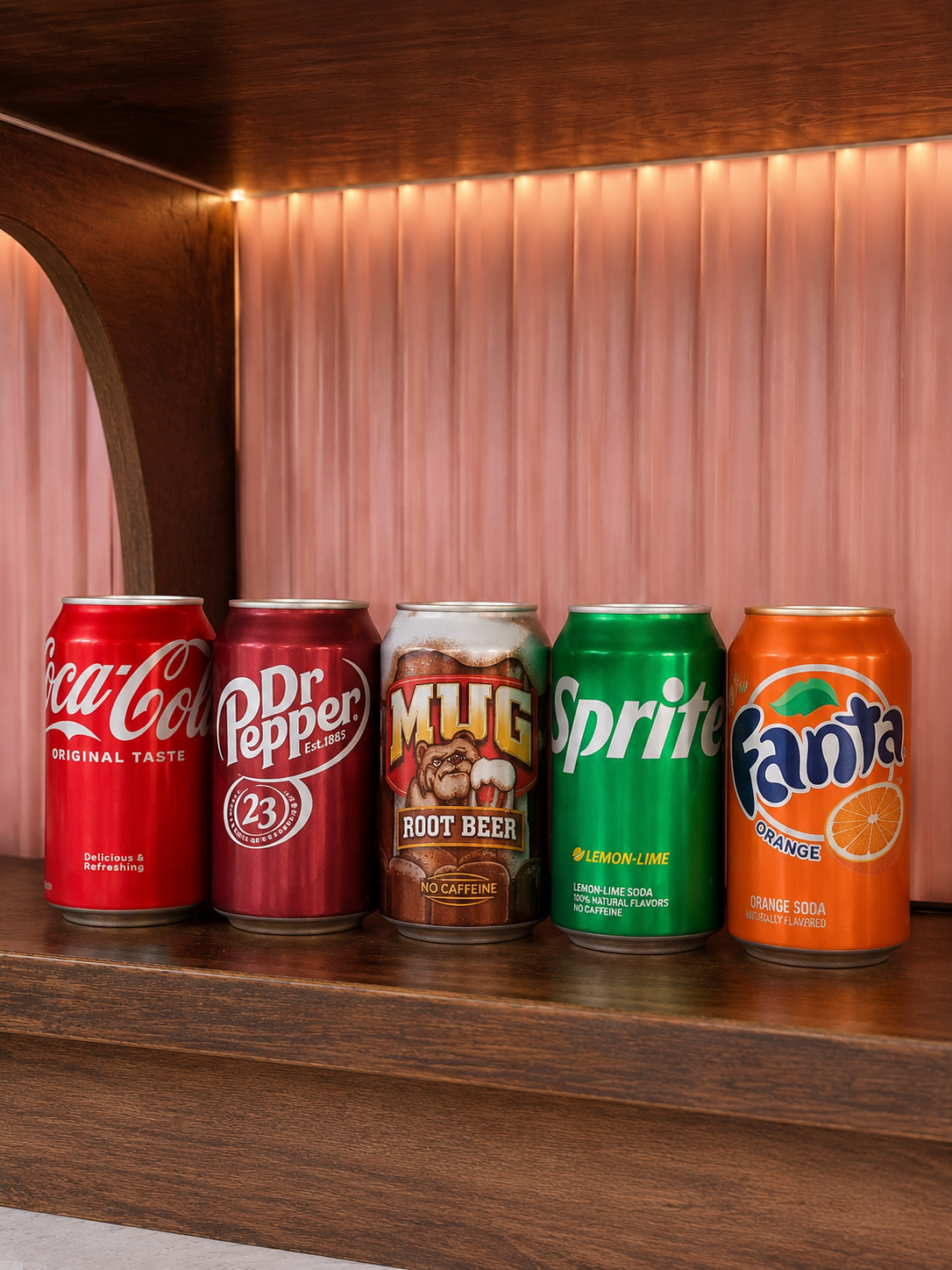 Five colorful soda cans lined up on a wooden shelf against a warm pink-lit background