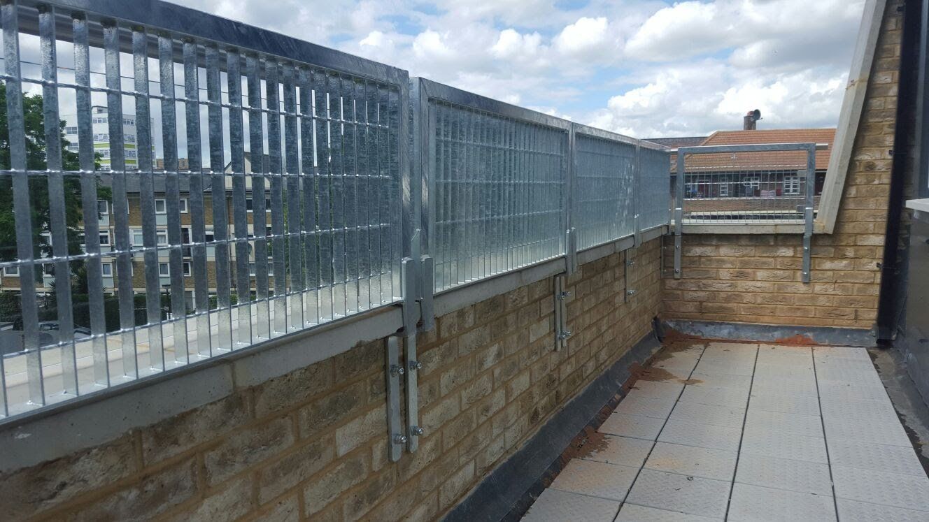Silver roof terrace railings close up