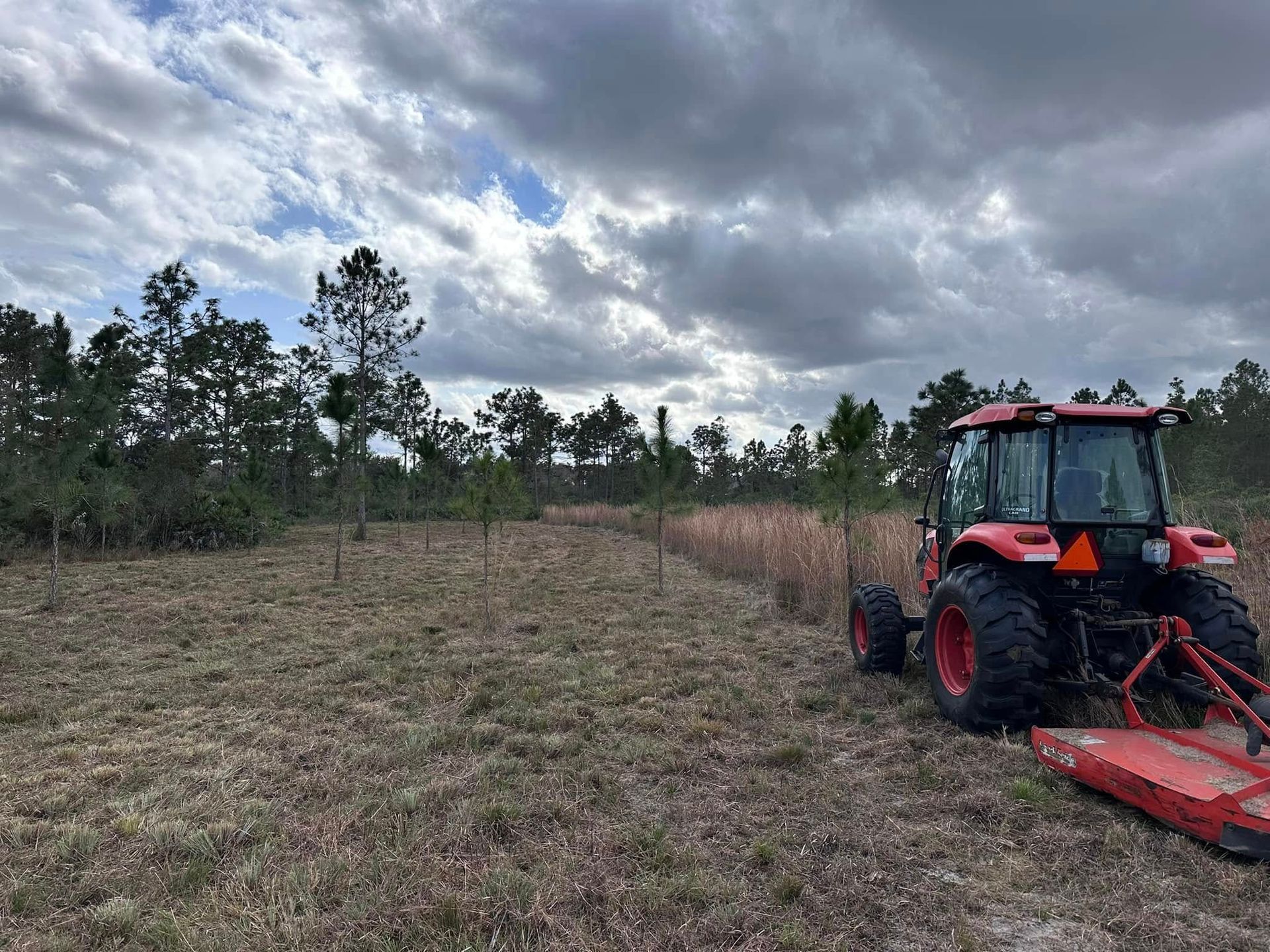 Red tractor mowing a grassy field under a cloudy sky near a tree line