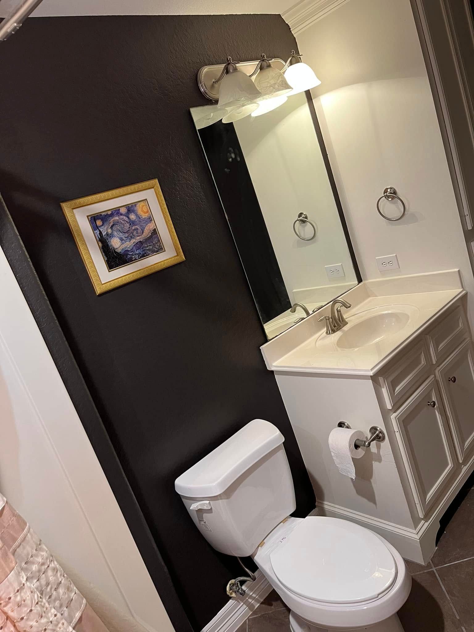 Small bathroom with white toilet and vanity, dark accent wall, framed art, and lit mirror.