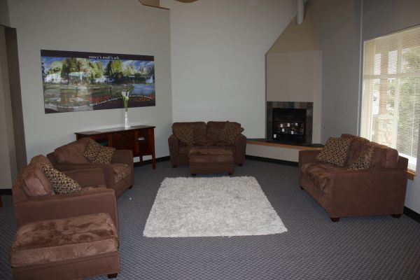 Living room with brown armchairs, white rug, wall art, and a fireplace near a bright window.