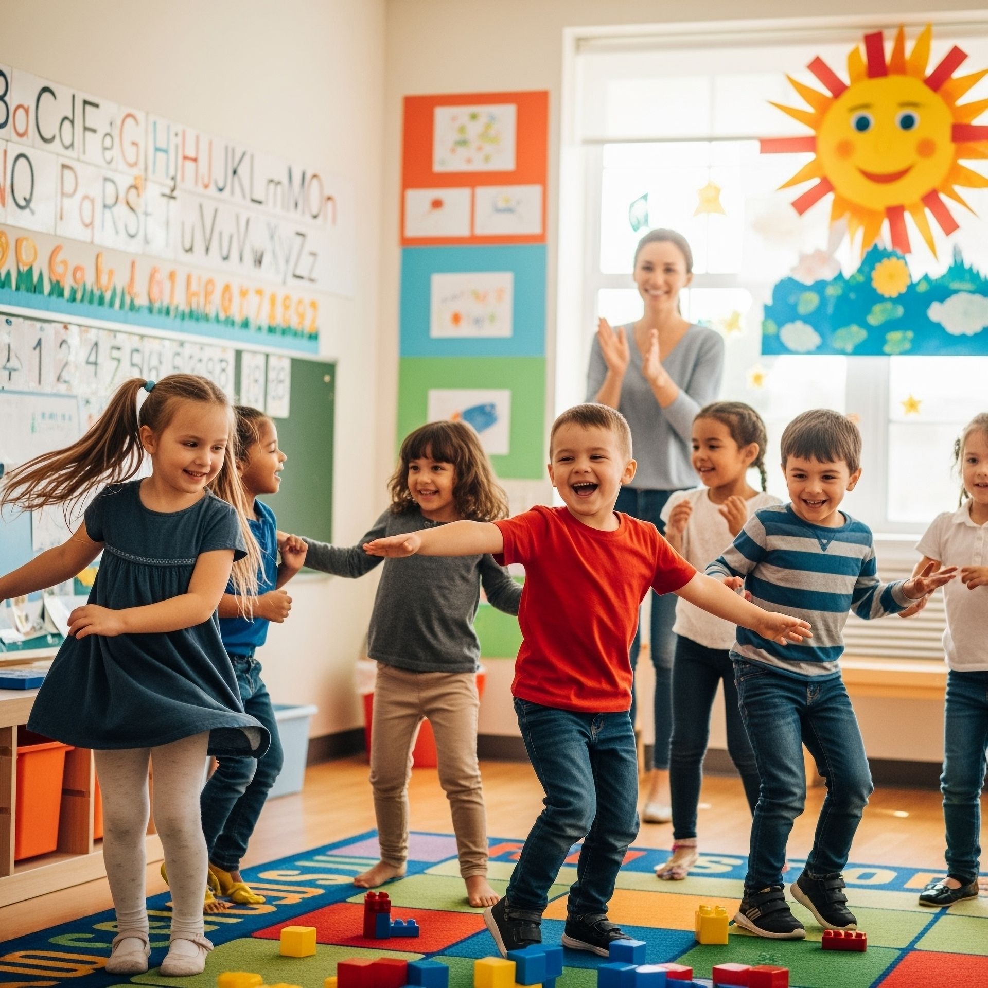 Children playing a balancing game in a bright classroom with a smiling sun mural and teacher watching nearby