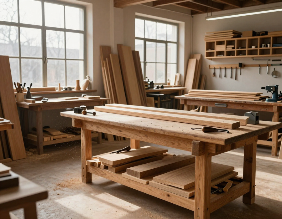 Interno del laboratorio di falegnameria a Marcellina con legno e attrezzi