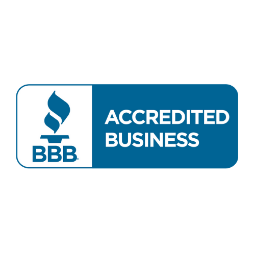 BBB Accredited Business logo, blue and white, with a torch symbol.