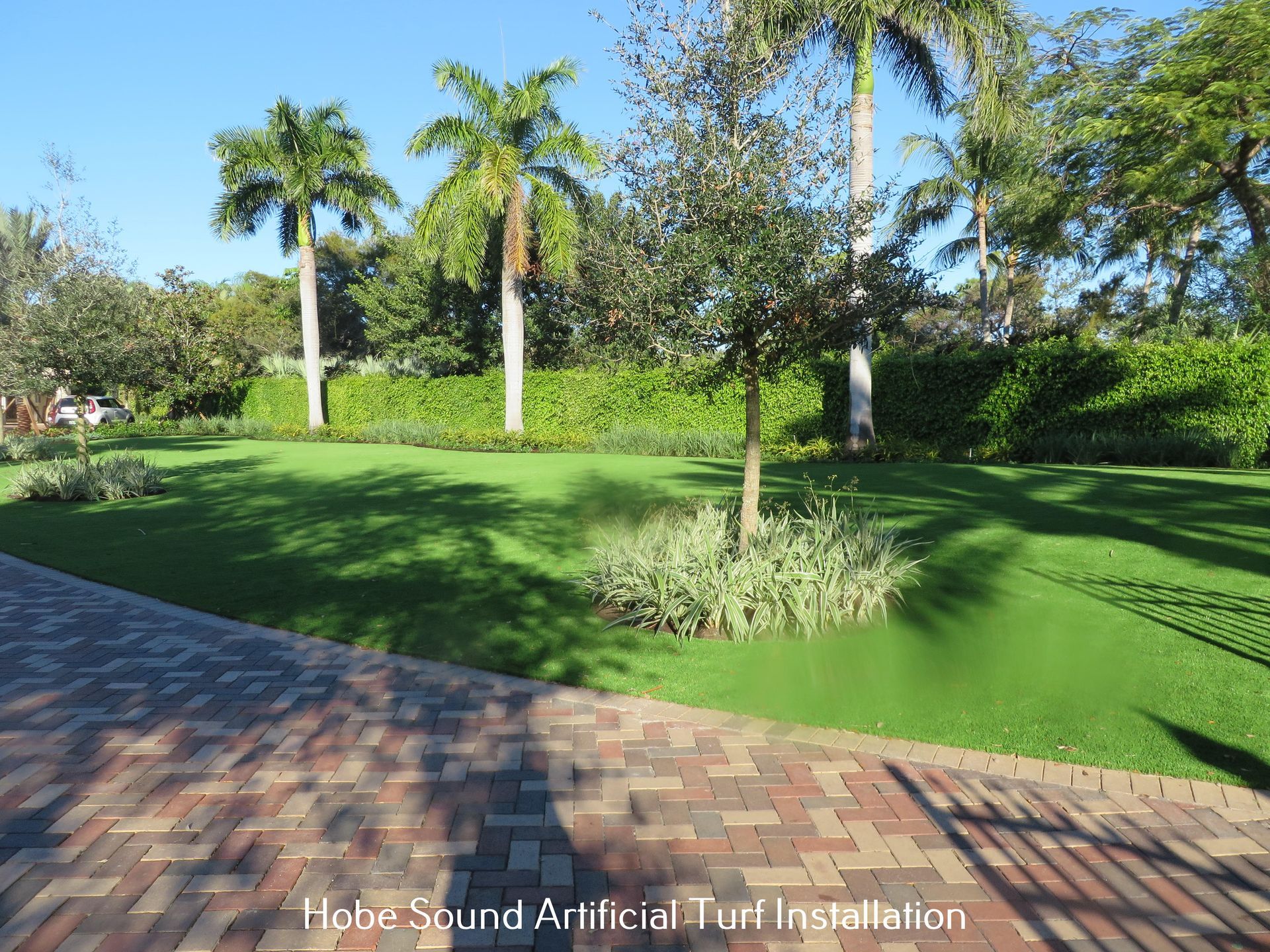 Lush green artificial turf lawn with palm trees and landscaping, bordered by a brick pathway.