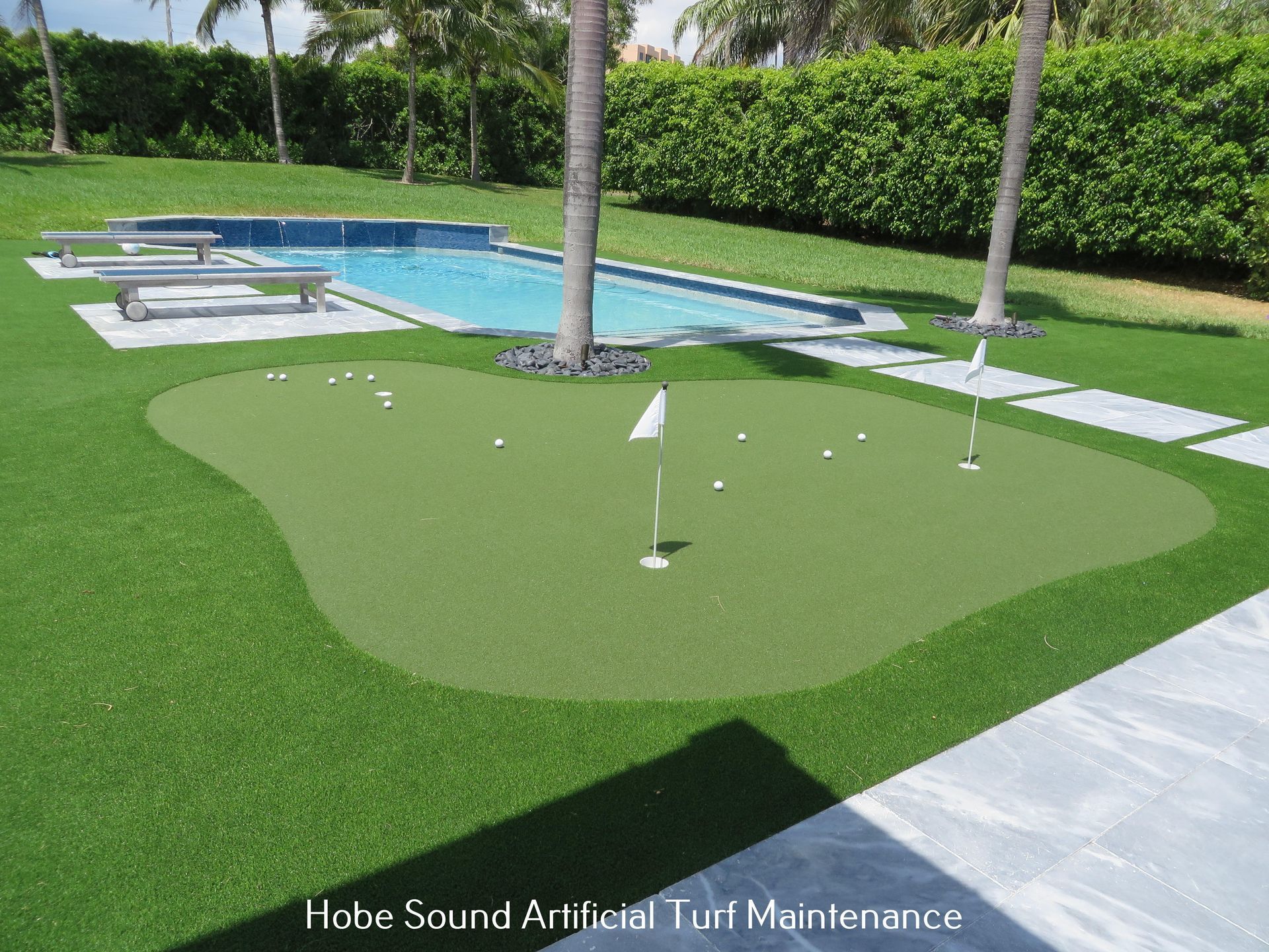 A putting green with multiple holes and golf balls, set between a pool and lush yard.