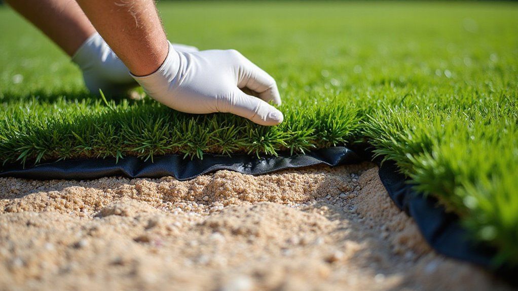 Person in gloves laying sod on sand.