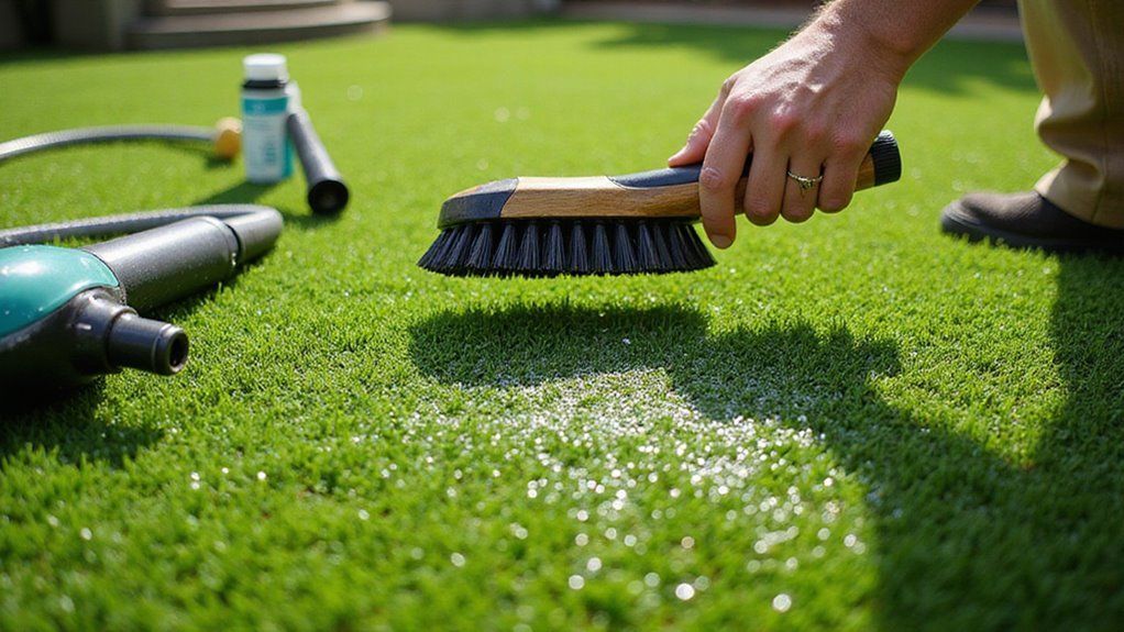Person brushing artificial turf with a brush; cleaning supplies nearby.