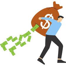 Person carrying a large money bag with dollar bills falling out.