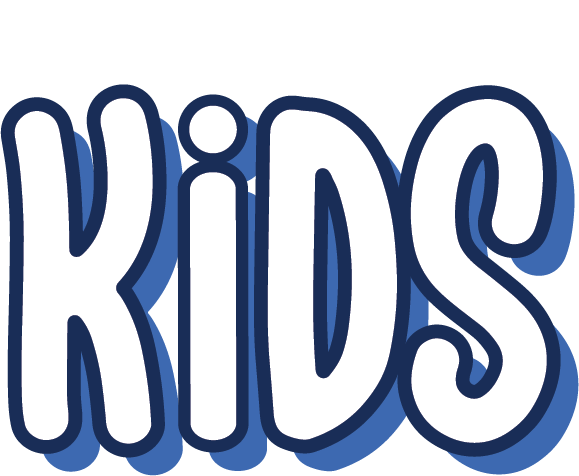 the word kids is written in blue on a white background