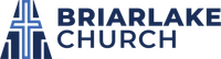 the briarlake church logo is a black and blue logo with a cross on it .