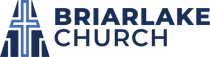 the briarlake church logo is a black and blue logo with a cross on it .