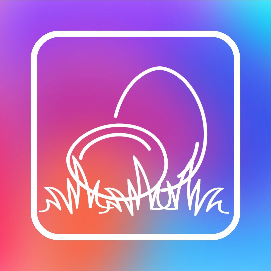 a colorful background with a white line drawing of 2 eggs in the grass.