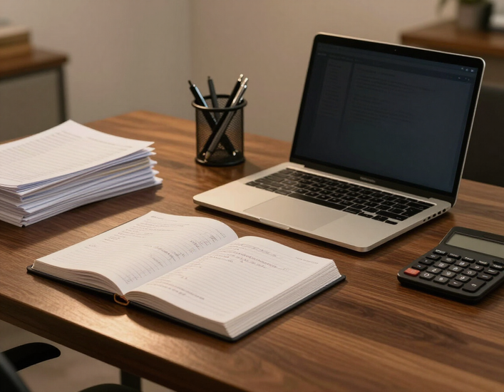 Organized bookkeeping workspace with ledgers and laptop at A to Z Bookkeeping and Tax.