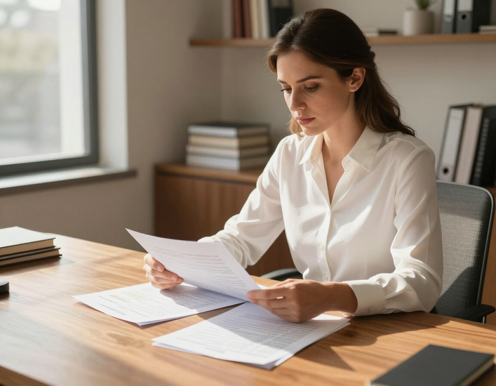 Teresa Montgomery reviewing financial documents at her desk.