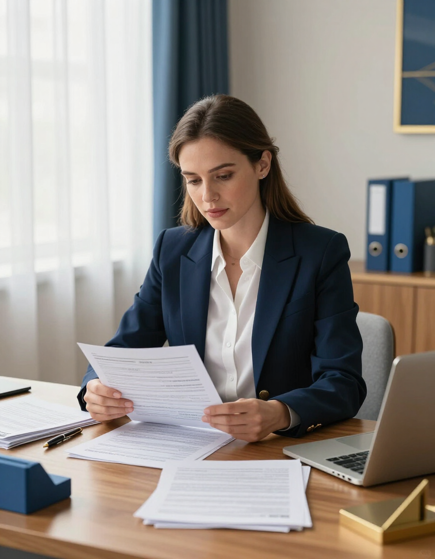 Tax preparer reviewing individual income tax documents at a Johnson City, TN office desk.