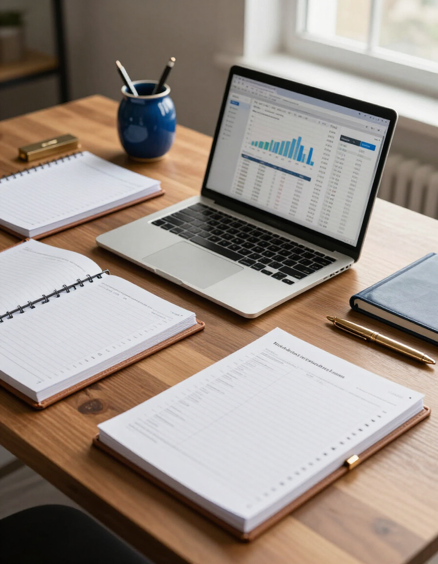 Organized bookkeeping desk with laptop dashboard