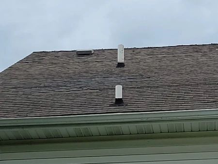 A brown shingled roof with two metal vent pipes. The sky is overcast.