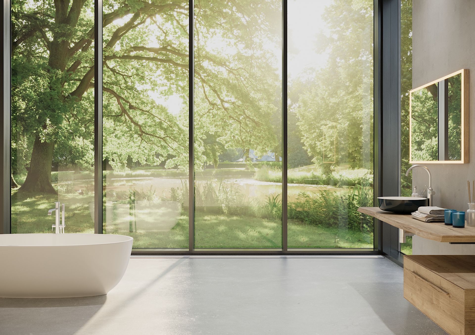 Ein Badezimmer mit Badewanne, Waschbecken, Spiegel und großen Fenstern.