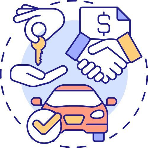A line drawing of a car , keys , a check mark , and a handshake.