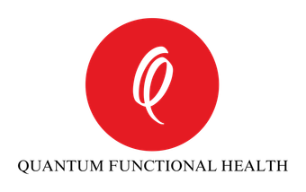 Quantum Functional Health logo: red circle with white stylized Q above black text.