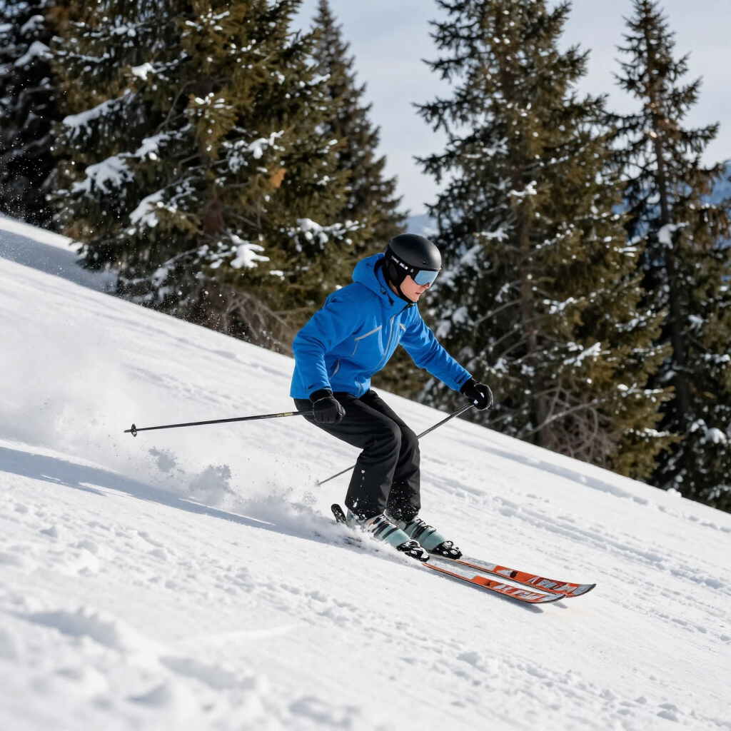Skier in blue jacket carving down a snowy slope with evergreen trees in the background
