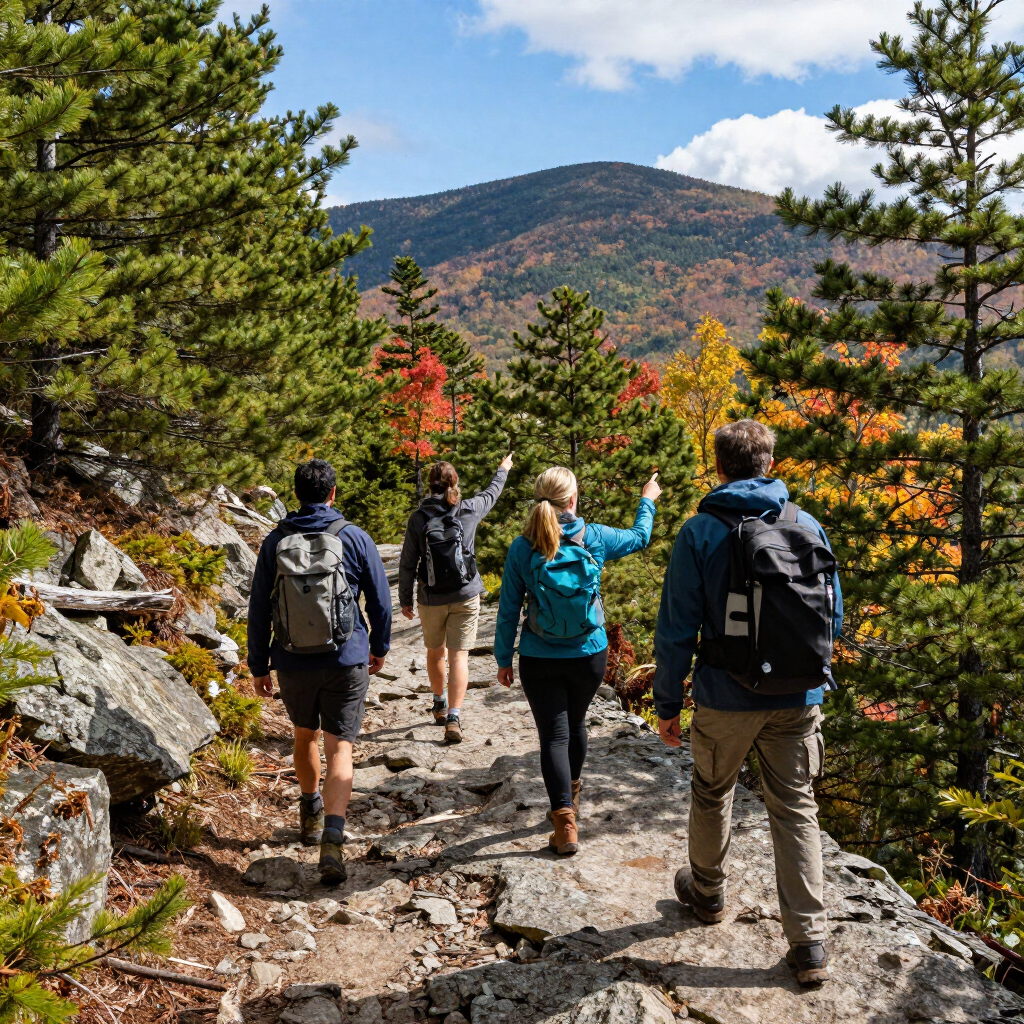 Four hikers with backpacks walk a rocky trail toward a mountain under a blue sky and autumn trees