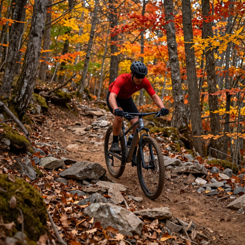 Mountain biker riding a rocky forest trail with autumn orange leaves