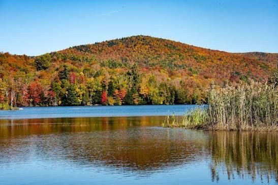Autumn forested hill reflected in a calm lake under a clear blue sky