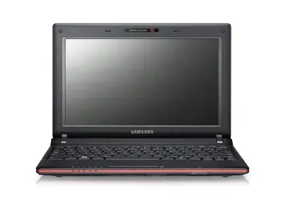 A samsung laptop is open on a white background