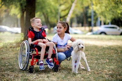 Child in a wheelchair outdoors with a caregiver and a white dog in a park.